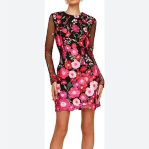 Avec Les Filles Applique Long Sleeve Minidress Black Floral Sheer Sleeve 12 NEW